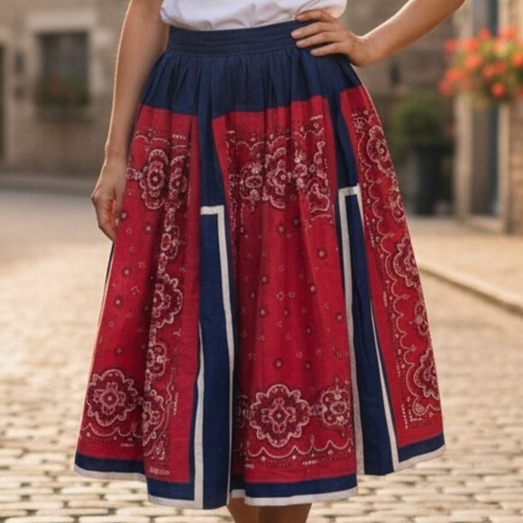 Unique Vintage Dresses & Skirts - Vintage 40s 50s Western Prairie Full/Circle Pleat Skirt‎ Red Blue XS #92G